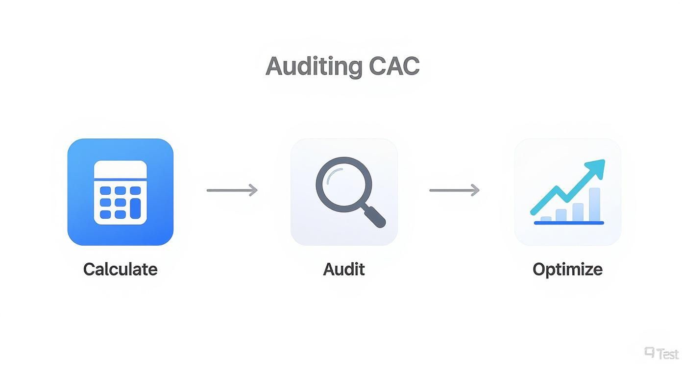 Three-step process diagram showing calculate, audit, and optimize stages for customer acquisition cost management