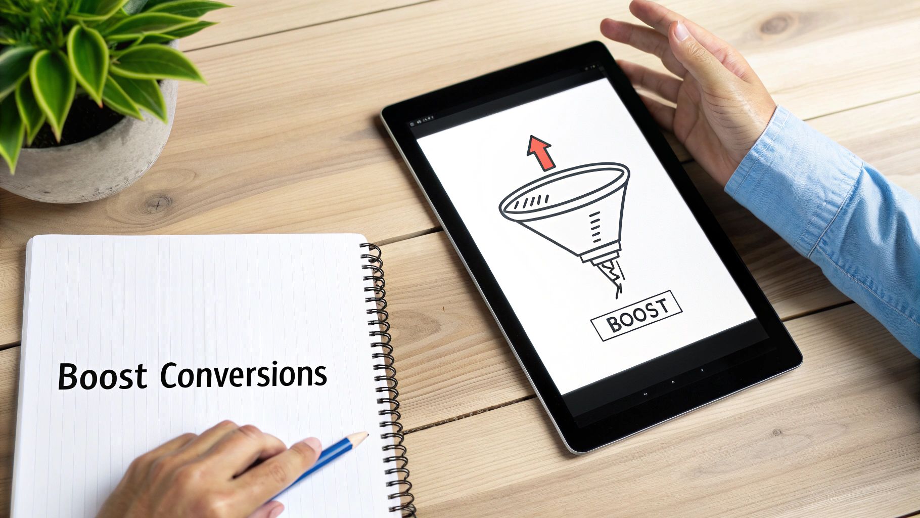 Business person using tablet displaying funnel boost icon with notebook showing conversion strategy text