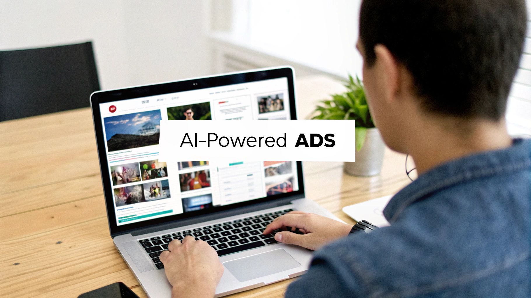 Person using laptop viewing AI-powered advertising platform with multiple image thumbnails displayed on screen
