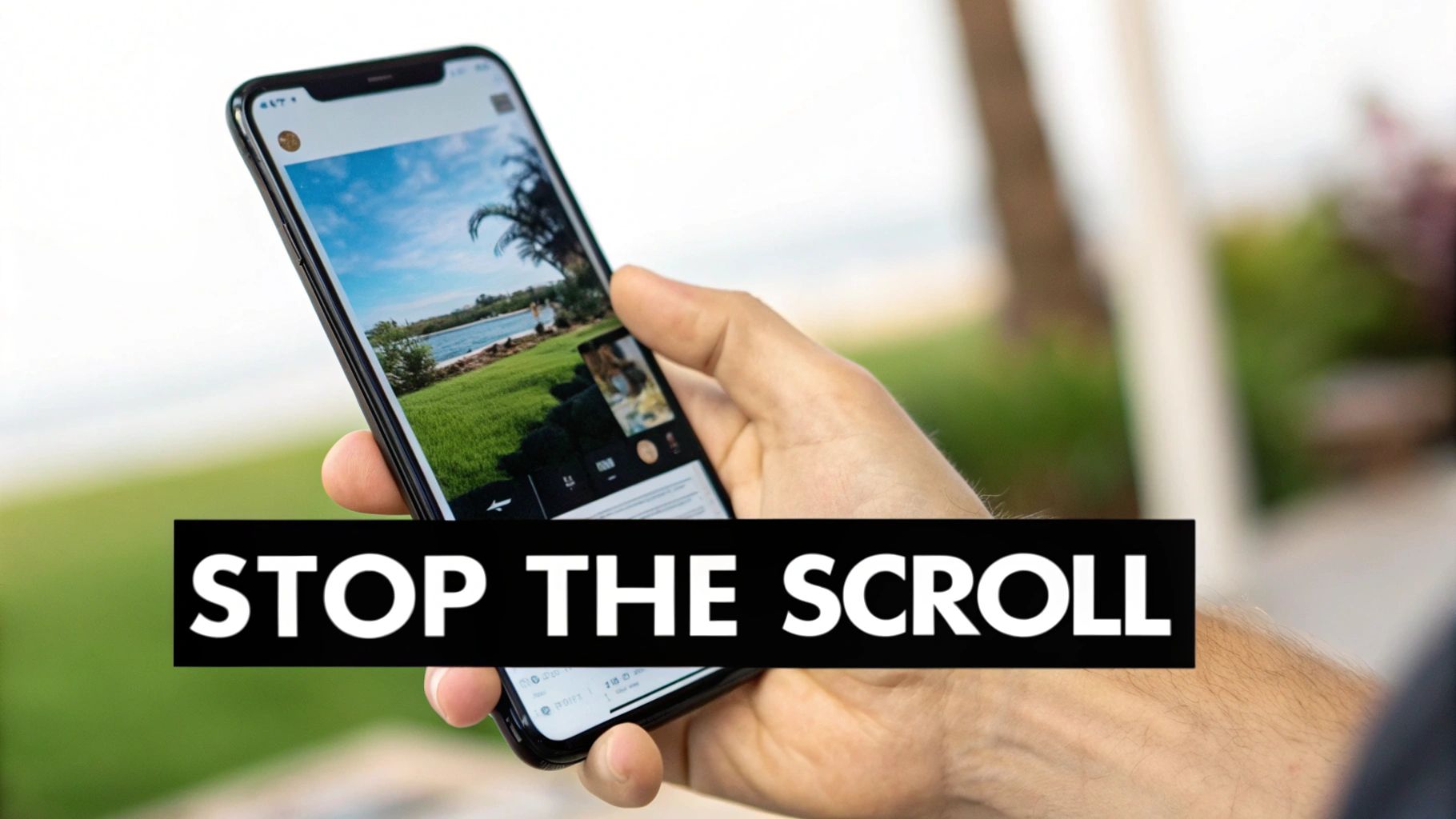 Person holding smartphone viewing social media content with stop the scroll text overlay