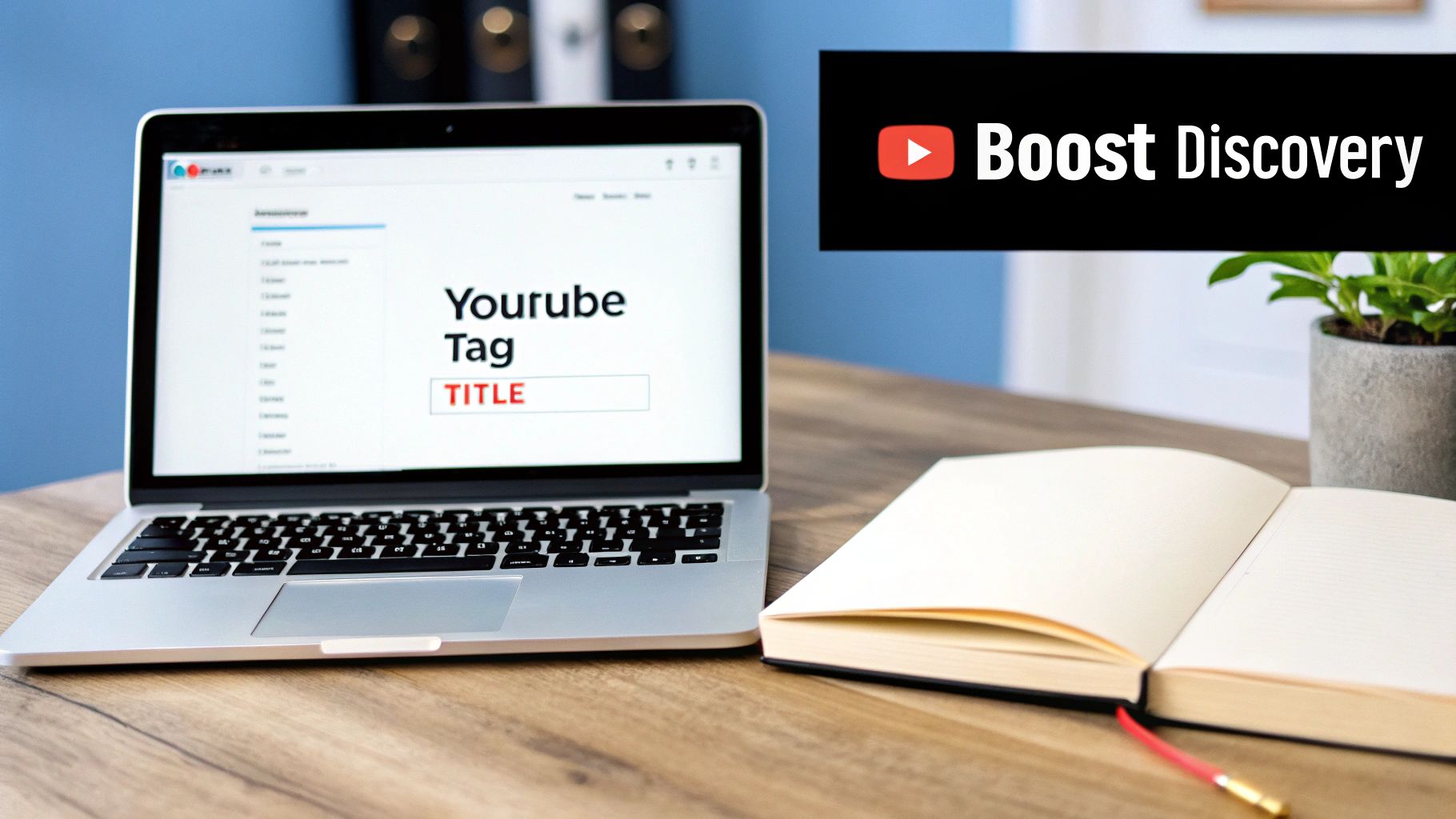 Laptop displaying YouTube tag title optimization interface on wooden desk with open notebook and plant