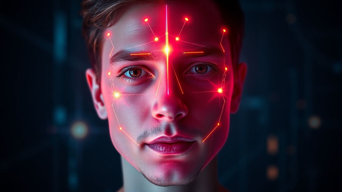 Futuristic digital avatar emerging from a human face.
