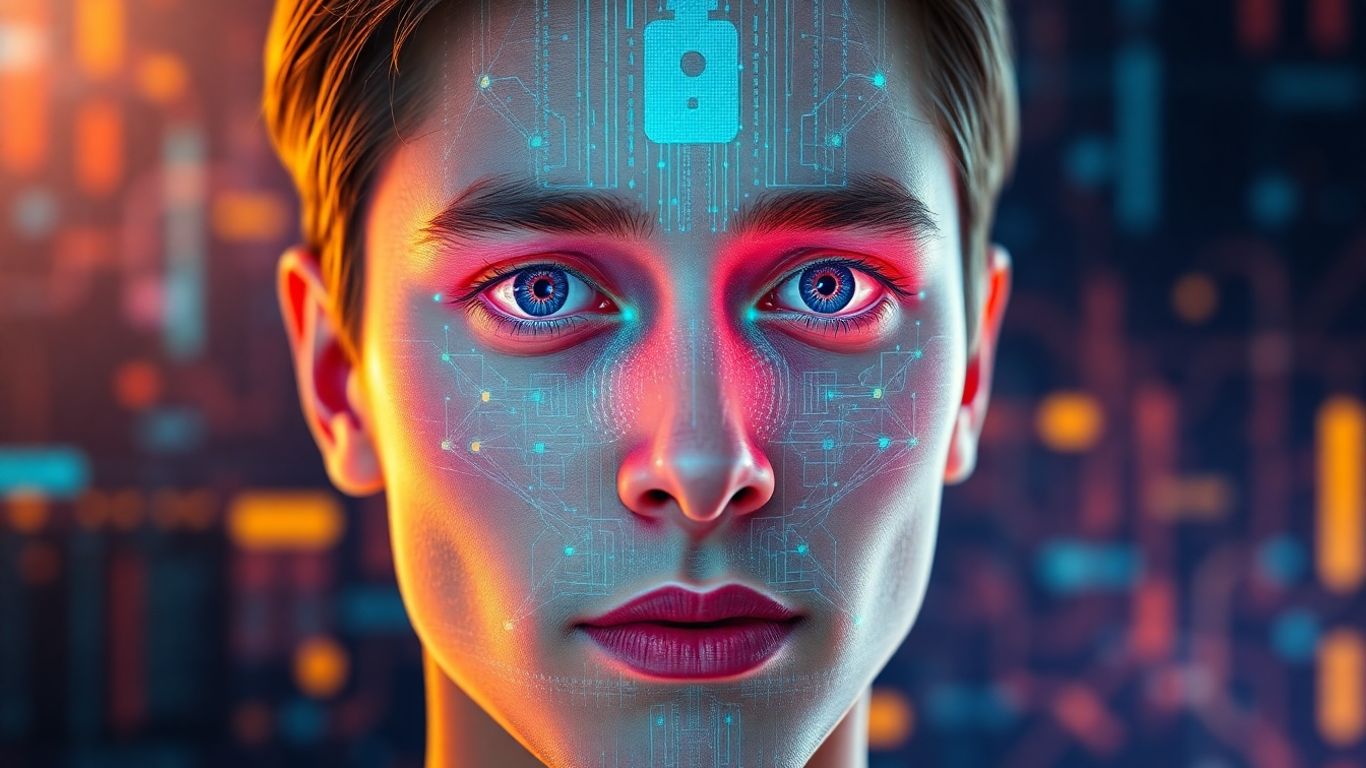 Digital avatar merging with a human face.