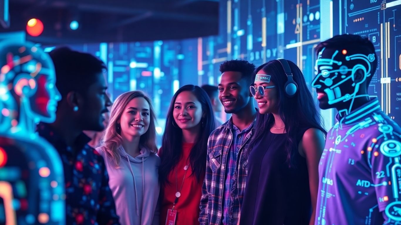 Diverse people interacting with futuristic AI avatars.