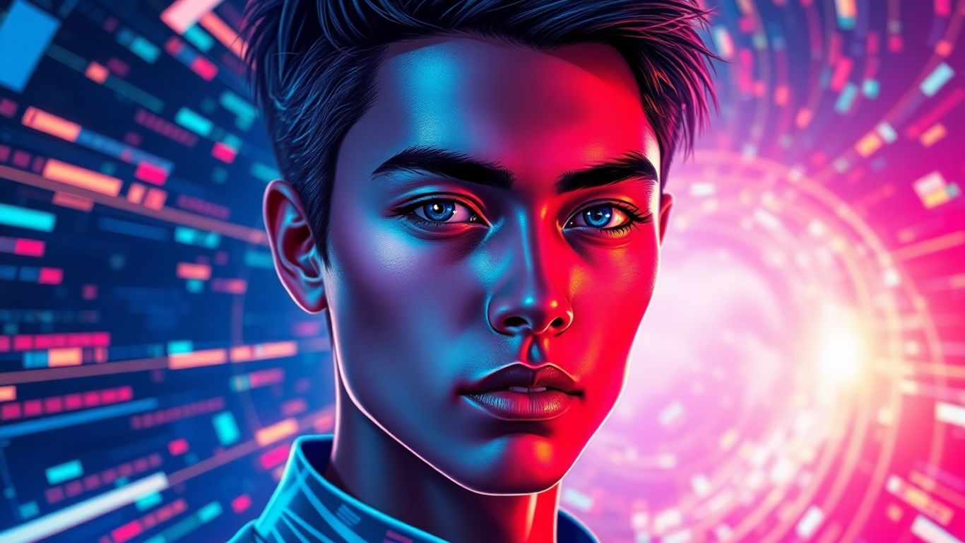 Person merging with digital art, glowing neon accents.