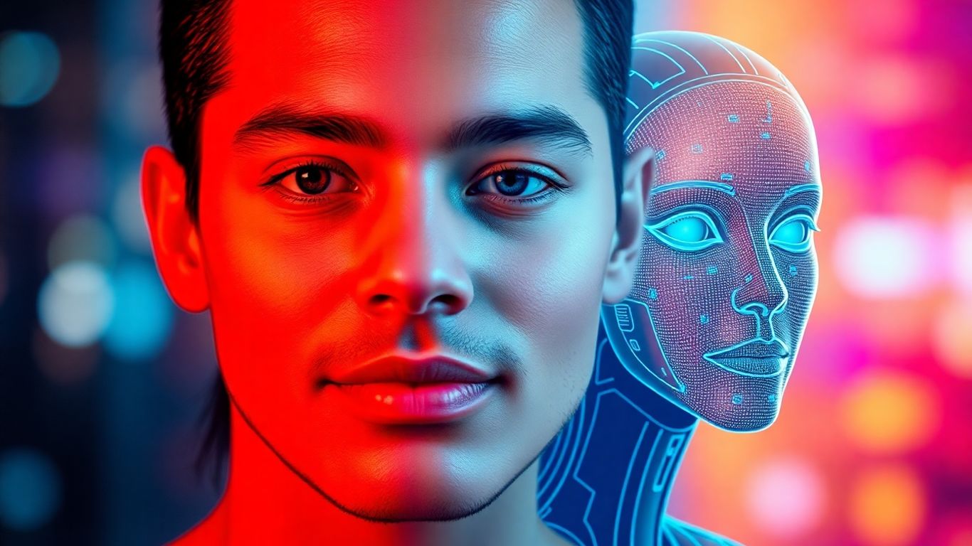 Person's face morphing into a digital AI avatar.