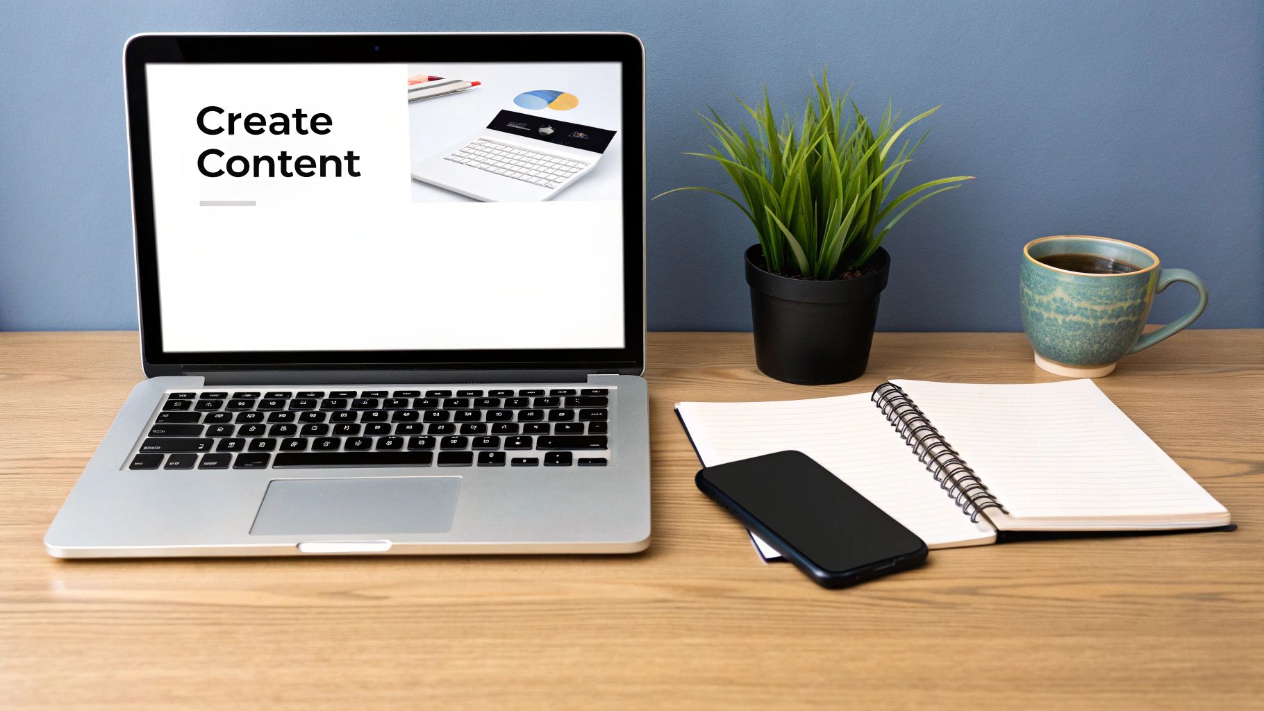 A cozy workspace with a laptop displaying 'Create Content', a plant, coffee, notebook, and phone on a wooden desk.