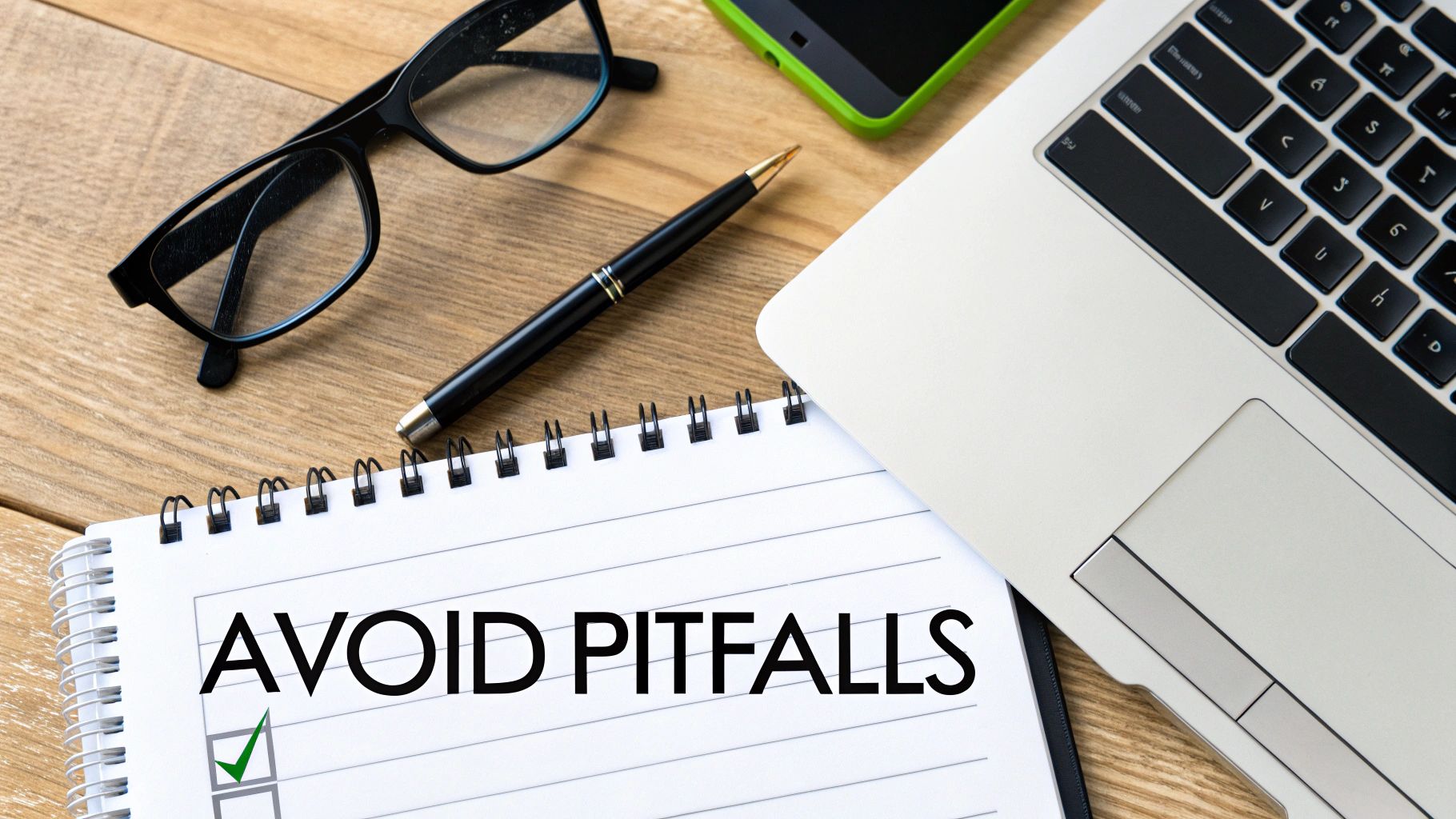 Flat lay of a desk with a notebook, pen, glasses, and laptop, displaying 'AVOID PITFALLS'.