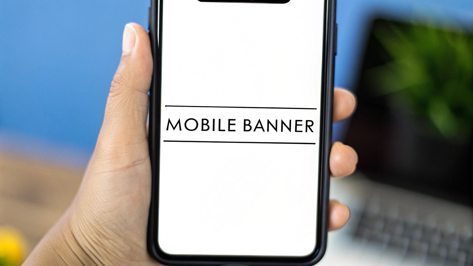 A hand holds a black smartphone with a white screen displaying the text 'MOBILE BANNER' with lines.