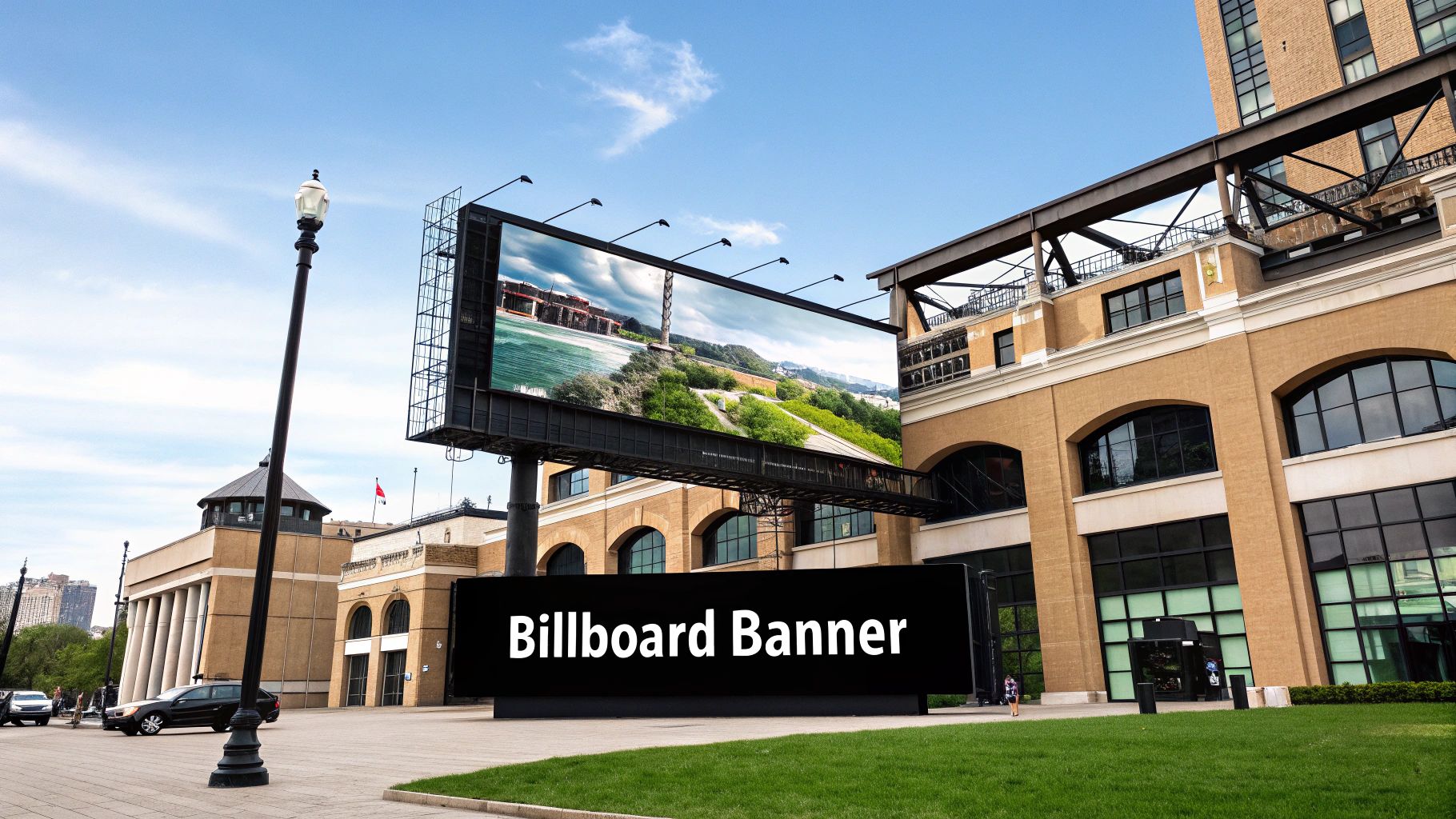 A large digital billboard displays a landscape scene above a black banner with text in an urban setting.