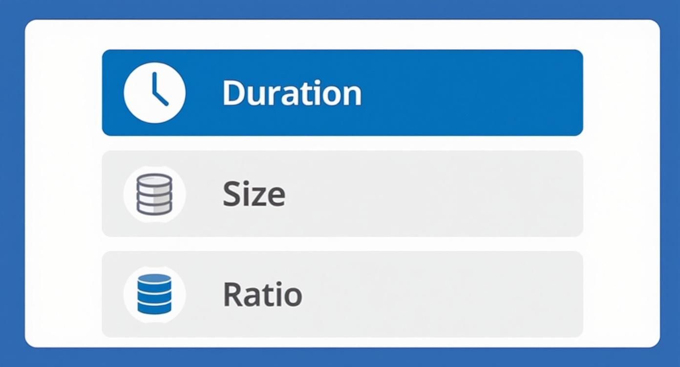 A user interface showing selectable options: Duration, Size, and Ratio, with Duration currently selected.