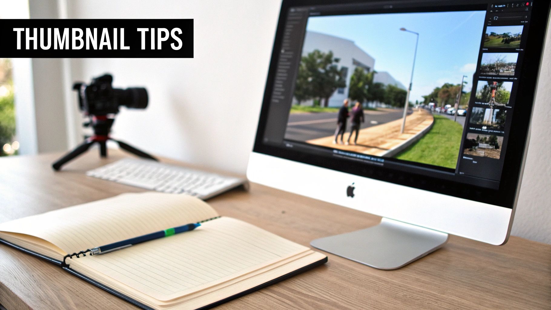 A desk with an Apple iMac showing photo editing software, a camera, a notebook, and a pen, with 'THUMBNAIL TIPS' text overlay.