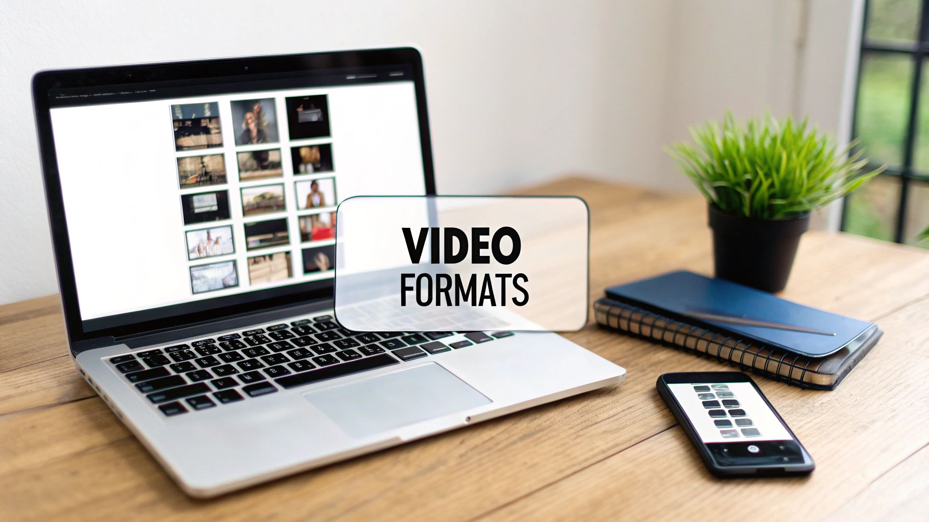 A laptop, smartphone, and notebooks on a wooden desk with a 'VIDEO FORMATS' sign.