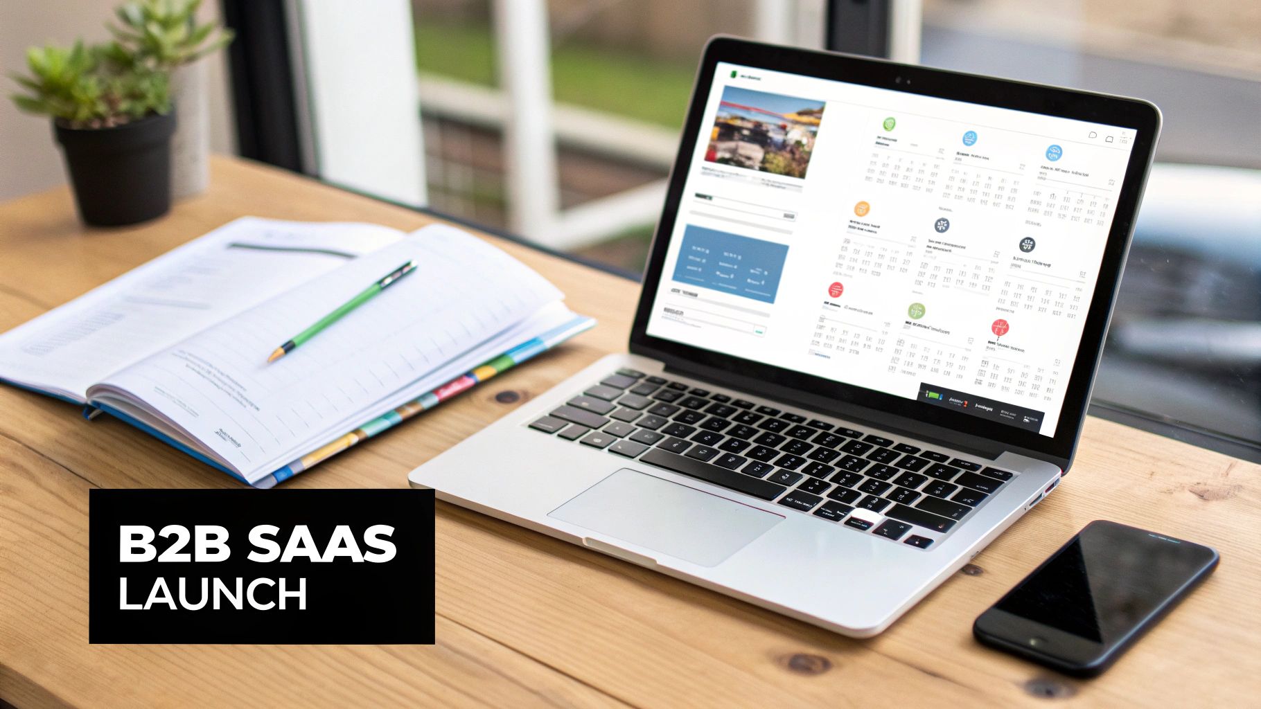 A B2B SaaS launch workspace with a laptop, notebook, and smartphone on a wooden desk.