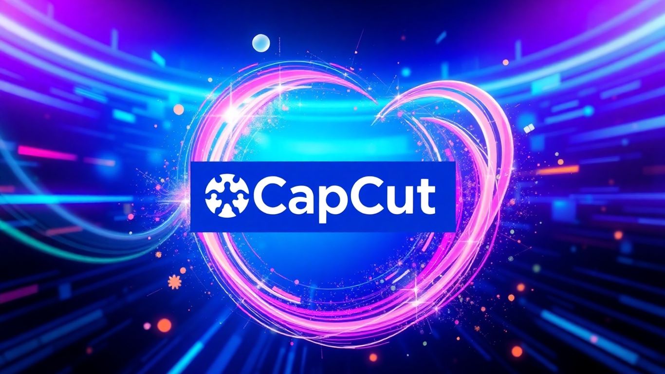 CapCut logo with abstract digital art elements.