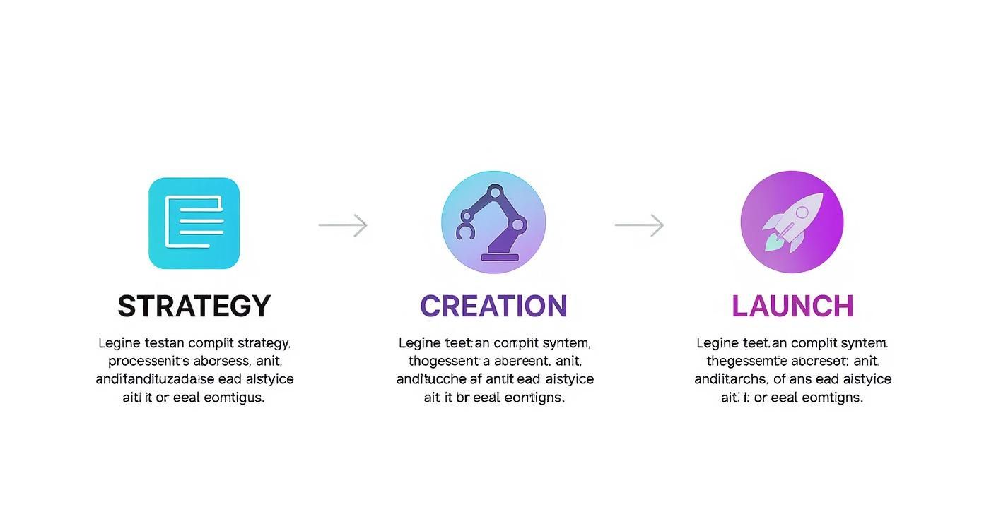 A three-step process diagram illustrating Strategy, Creation, and Launch with document, robot arm, and rocket icons.