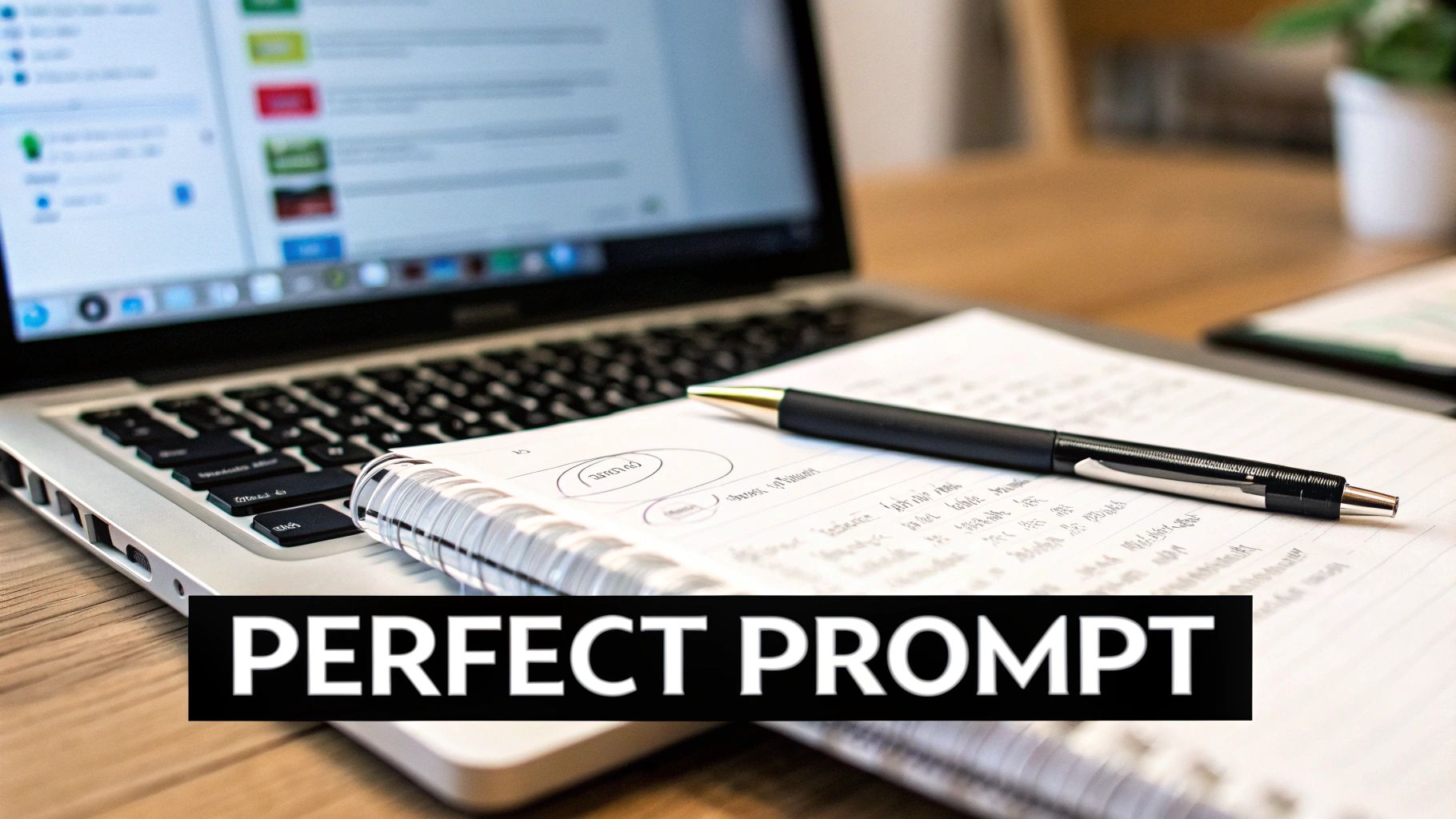 A close-up of a laptop, an open notebook with a pen, and the text "PERFECT PROMPT" on a wooden desk.