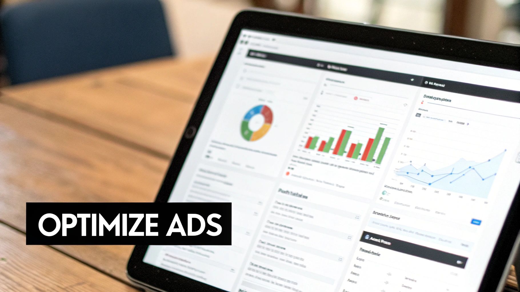 Tablet displaying digital ad optimization dashboards with various charts and graphs on a wooden table.