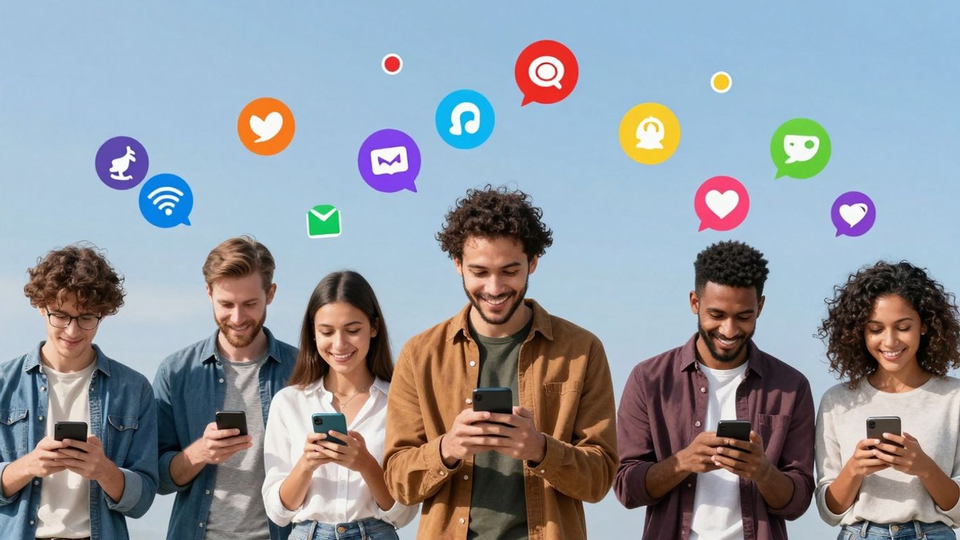 People interacting with phones and social media icons.