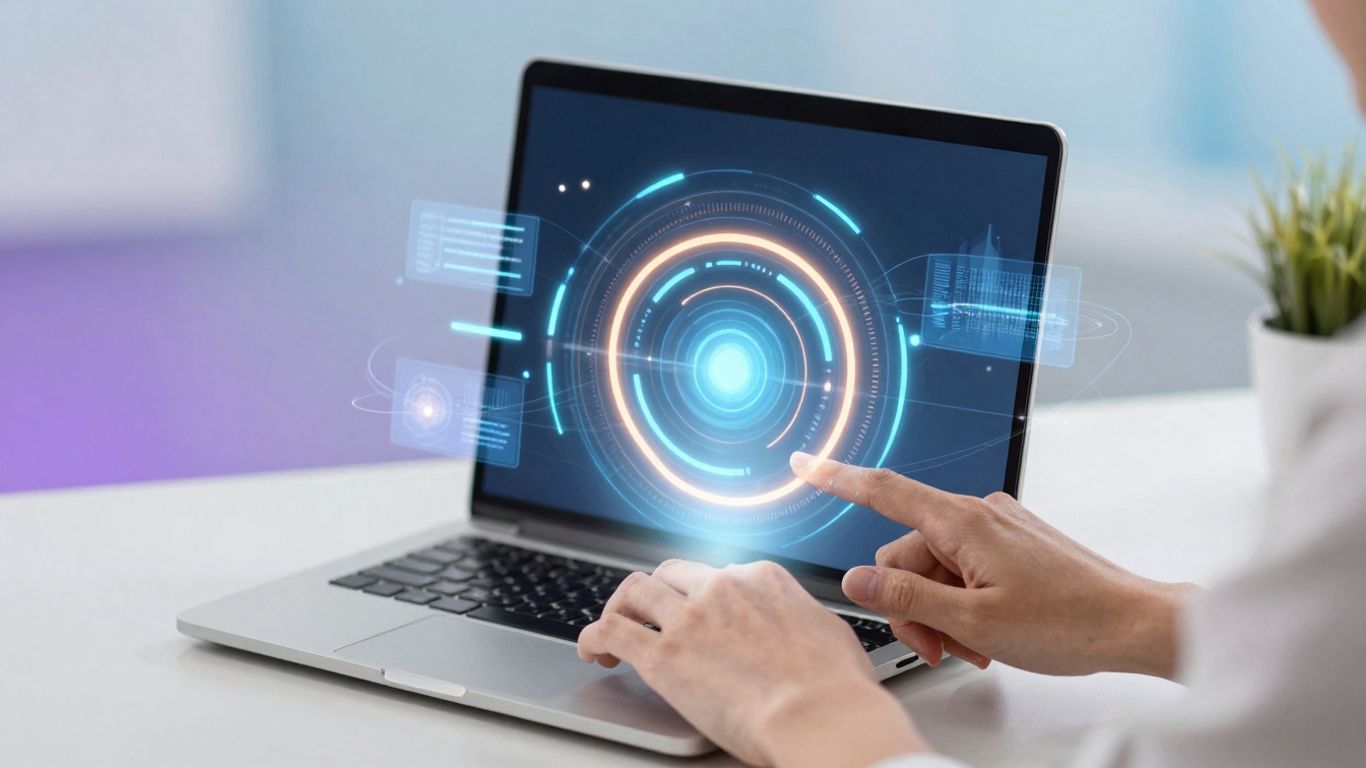 AI social media post generator interface on laptop.