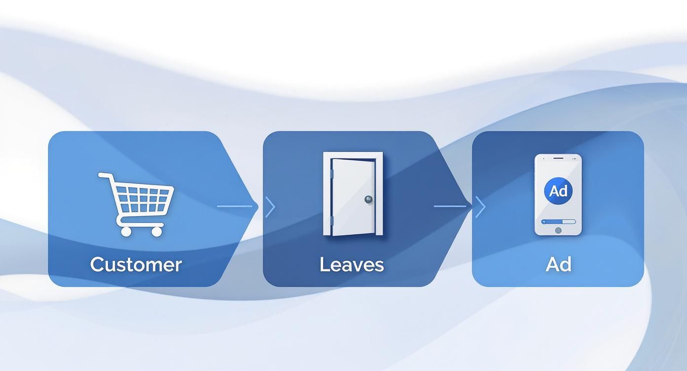 Flowchart showing a customer abandoning a process, then being retargeted with an ad on a smartphone.