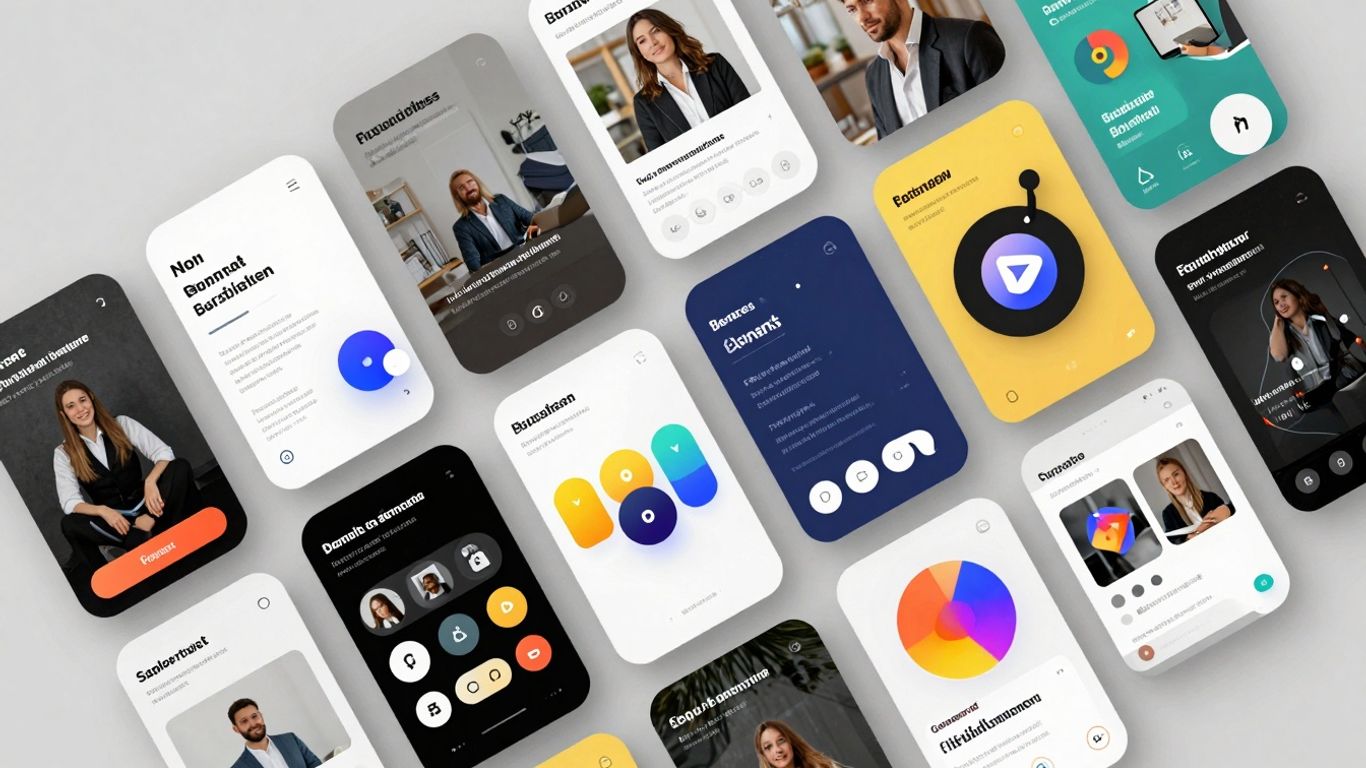 Social media post templates with colorful icons and shapes.