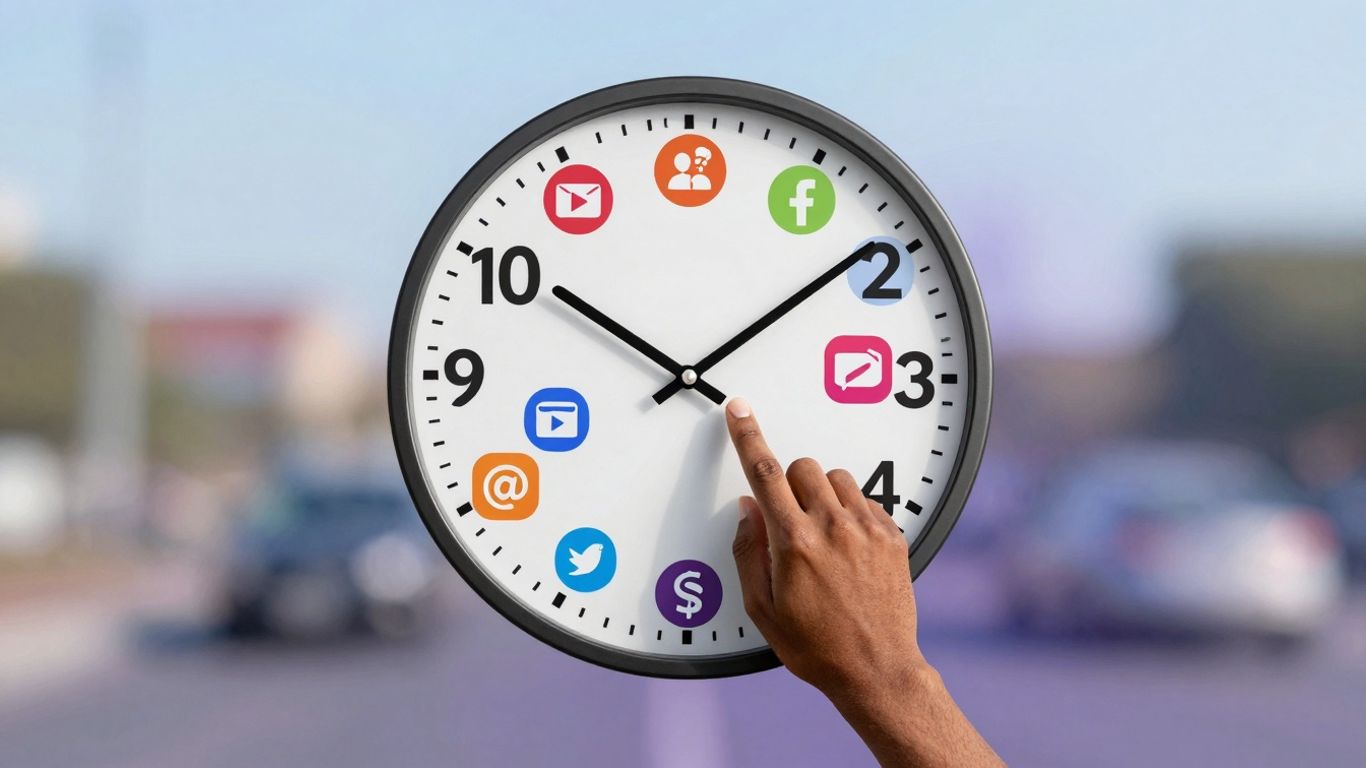 Social media icons and clock face for optimal posting times.