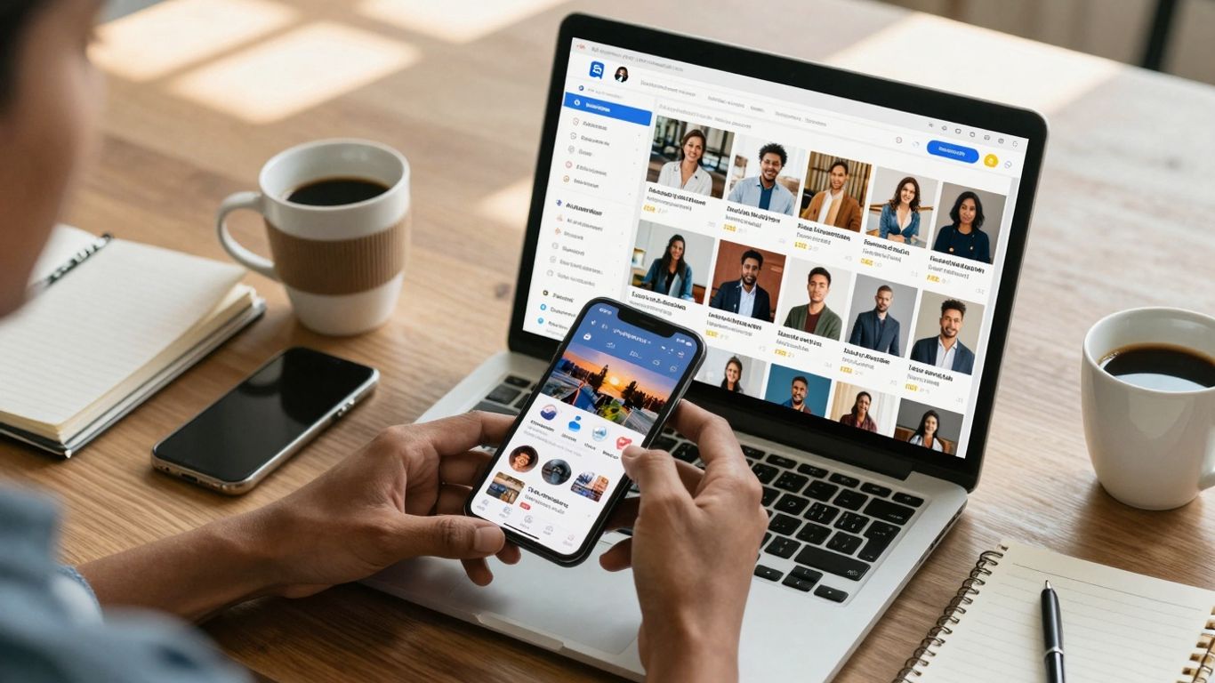 Social media feed on laptop and smartphone.