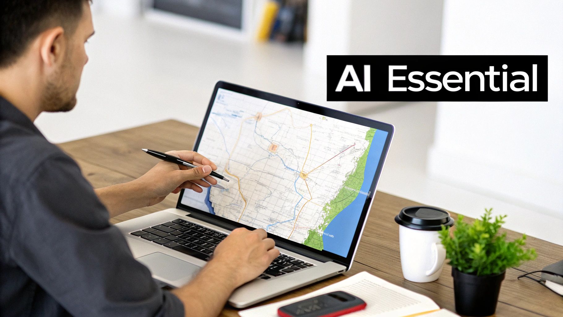 A man works on a laptop displaying a map, holding a pen, with an 'AI Essential' banner.