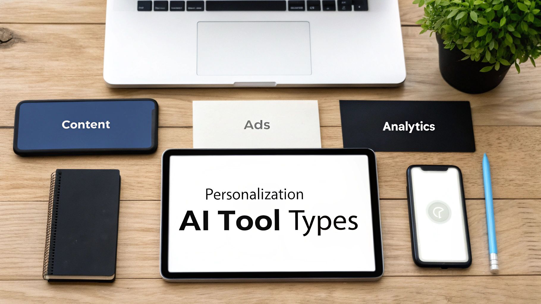A flat lay shows a desk with devices displaying 'Personalization AI Tool Types,' 'Content,' 'Ads,' and 'Analytics,' representing AI marketing tools.