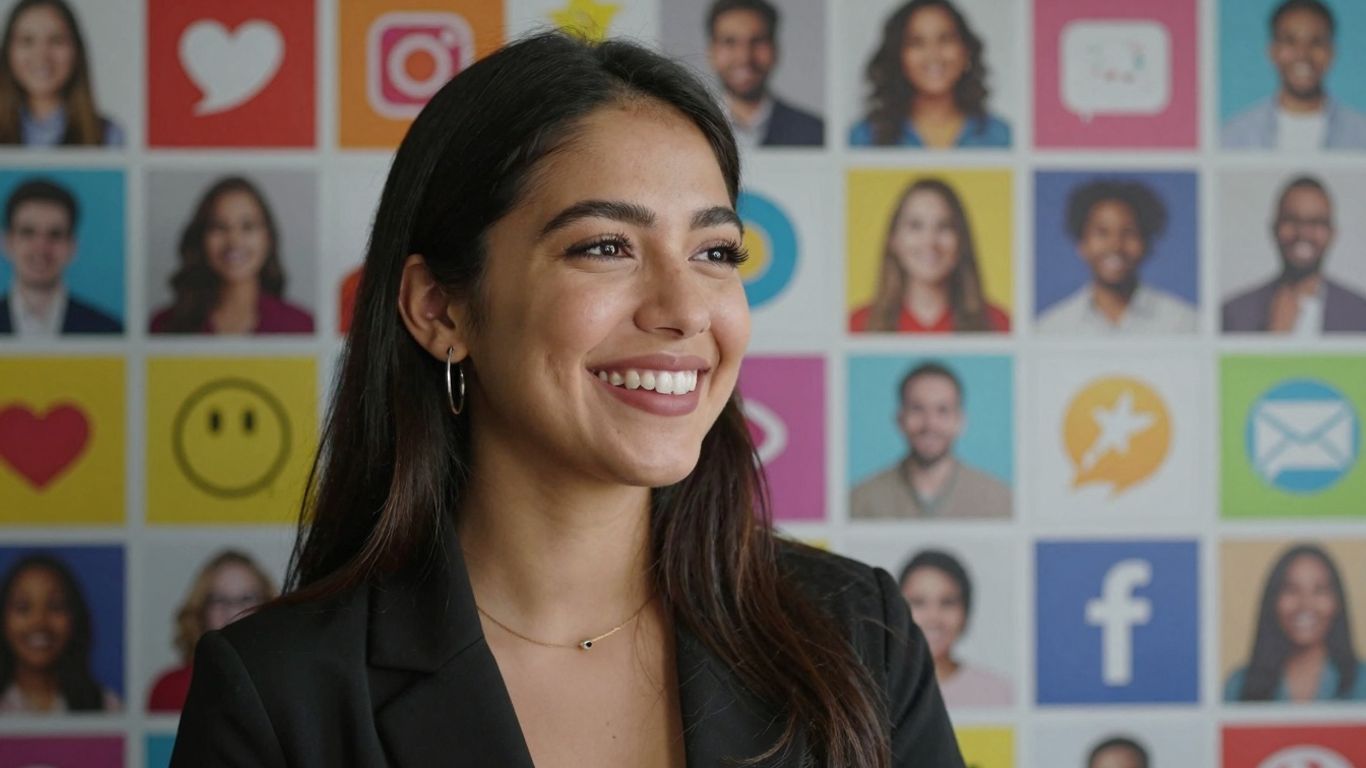 Social media icons and user-generated photos collage.