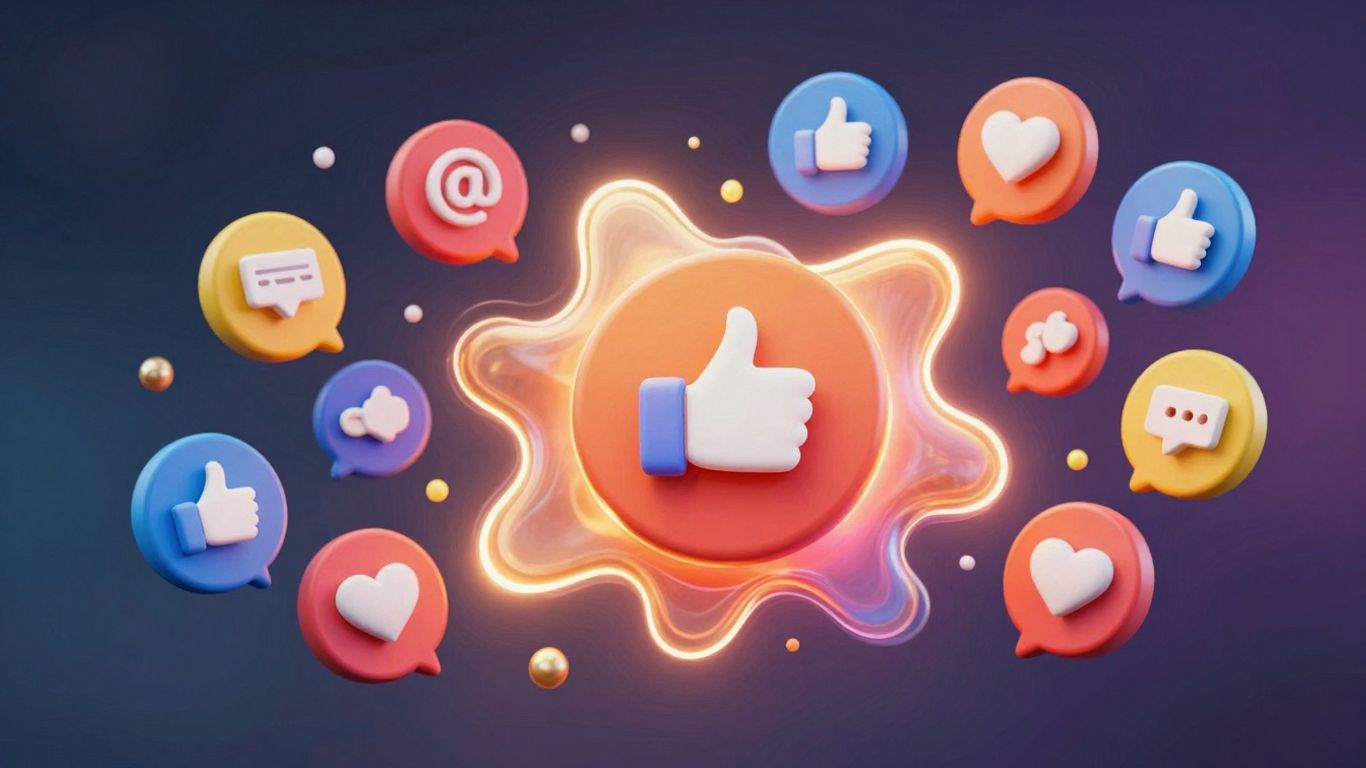 Social media icons and abstract shapes in a dynamic composition.