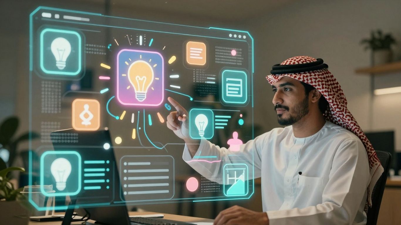 Creative content generation interface with glowing icons.