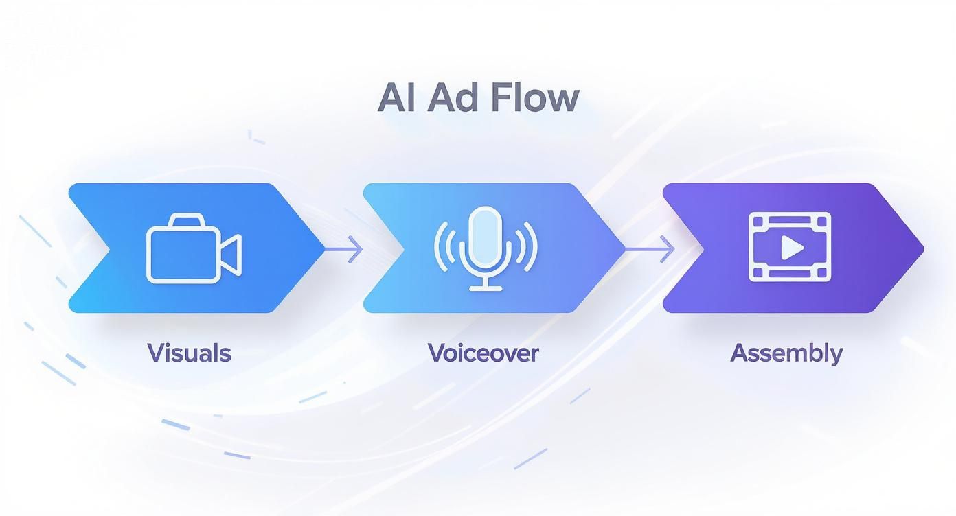 A flowchart shows the AI ad creation flow: Visuals, Voiceover, and Assembly steps.