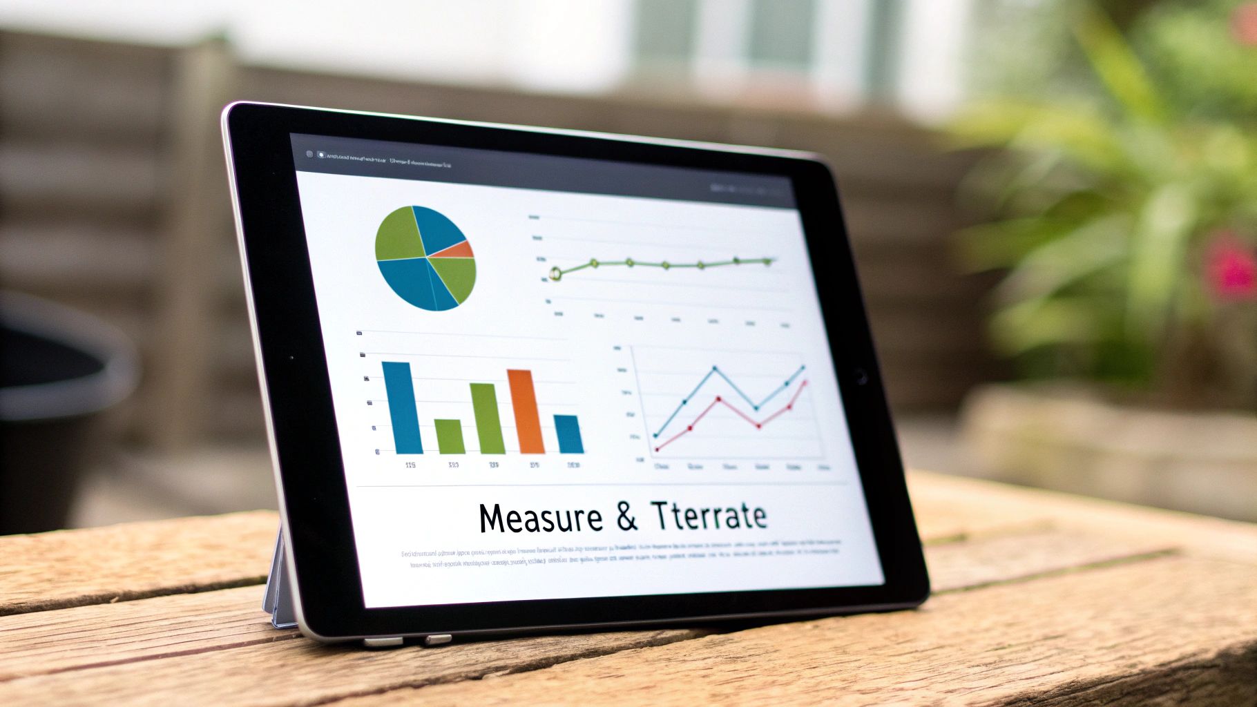 A tablet displaying business analytics charts and graphs on a wooden table outdoors.
