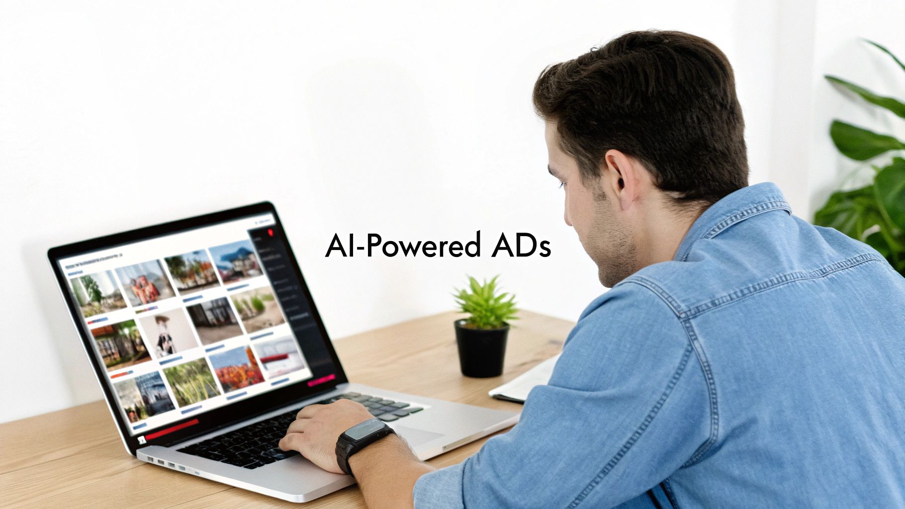 A man in a denim shirt views a laptop screen displaying images and 'AI-Powered ADs'.