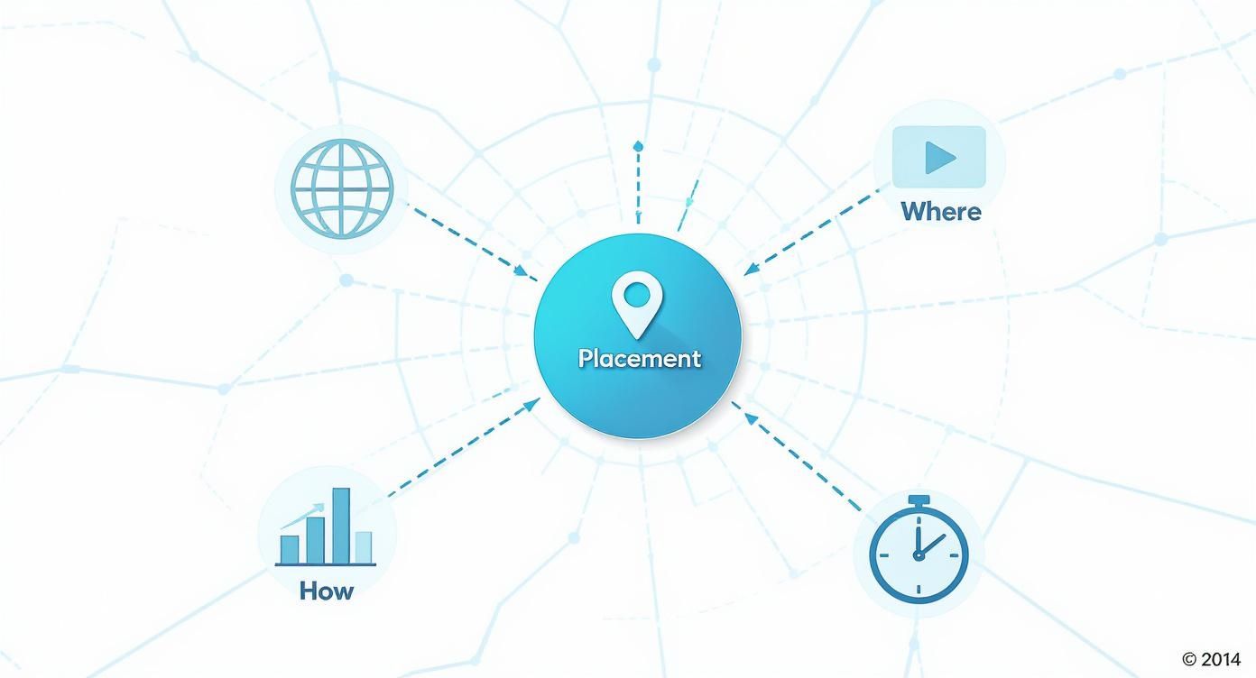 Diagram illustrating the concept of placement in advertising, connecting to where, how, when, and global reach.