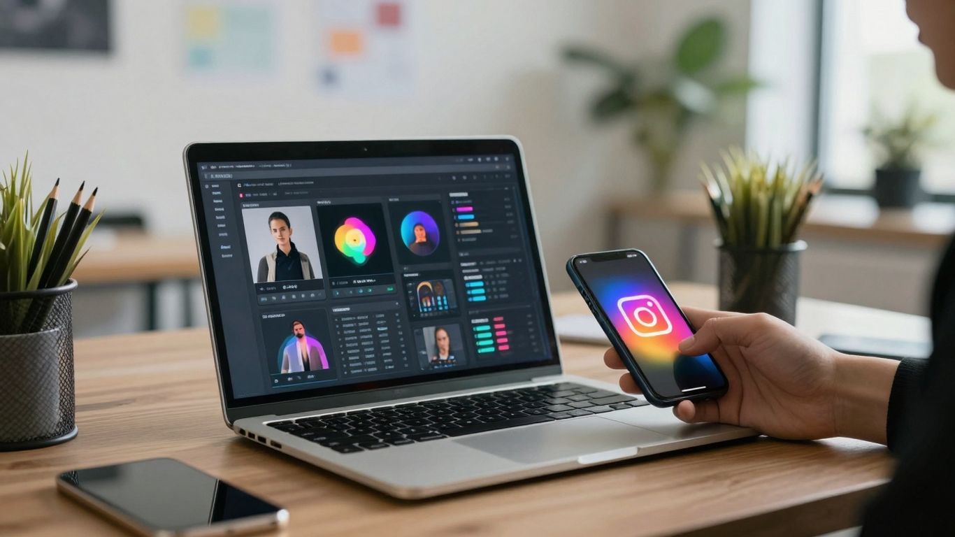 AI Instagram caption generator interface on laptop and phone.