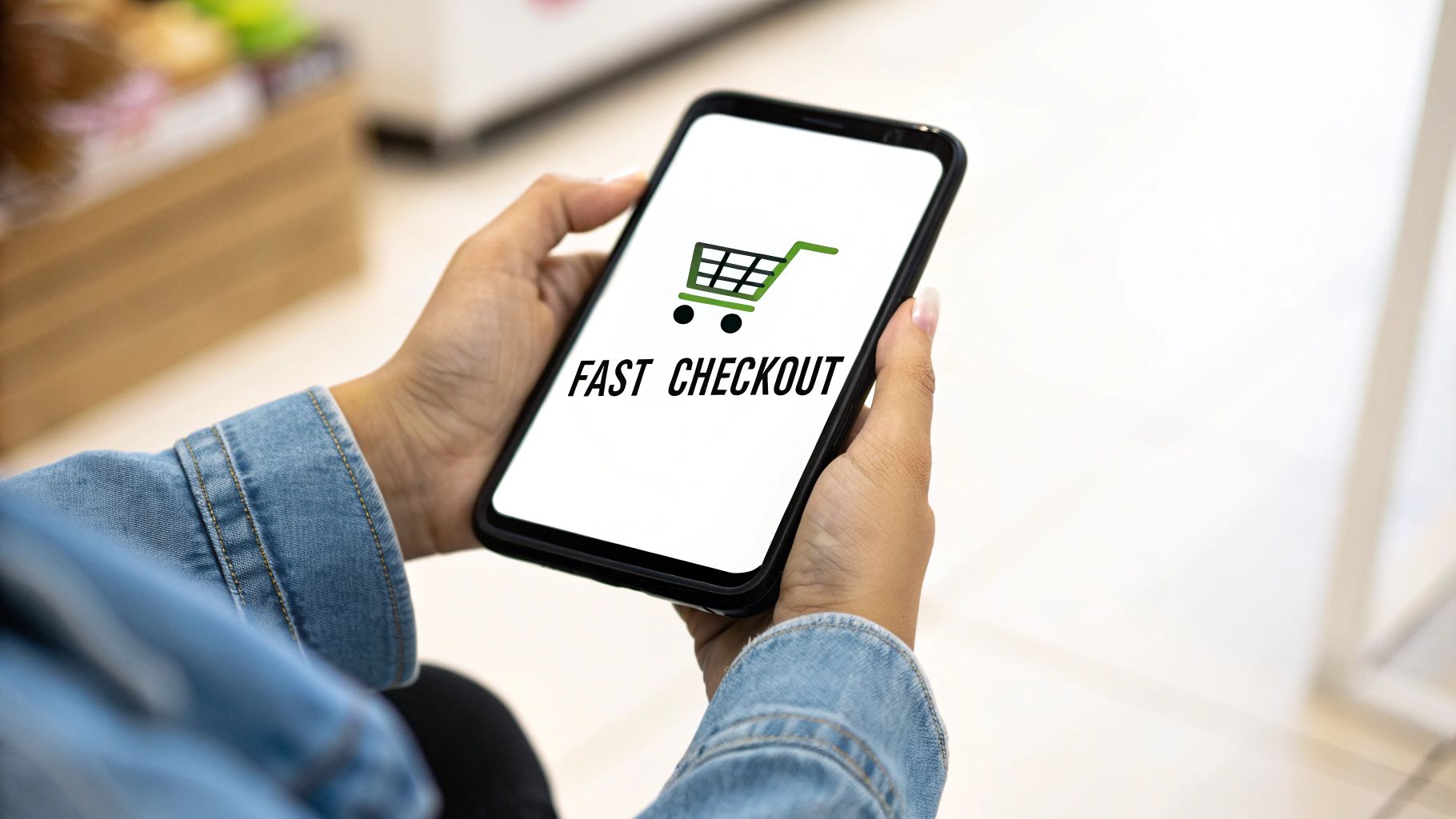 A person holds a smartphone displaying 'FAST CHECKOUT' and a shopping cart icon, symbolizing quick online shopping.