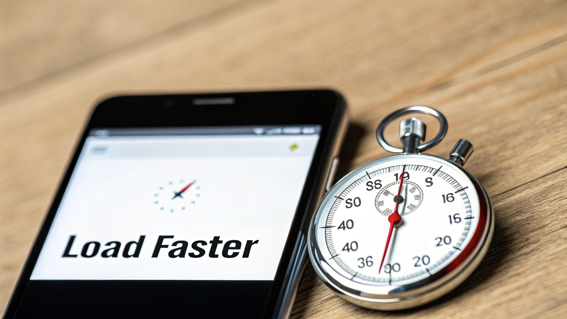 A smartphone displaying 'Load Faster' with a clock icon next to a stopwatch on a wooden table, symbolizing website speed.
