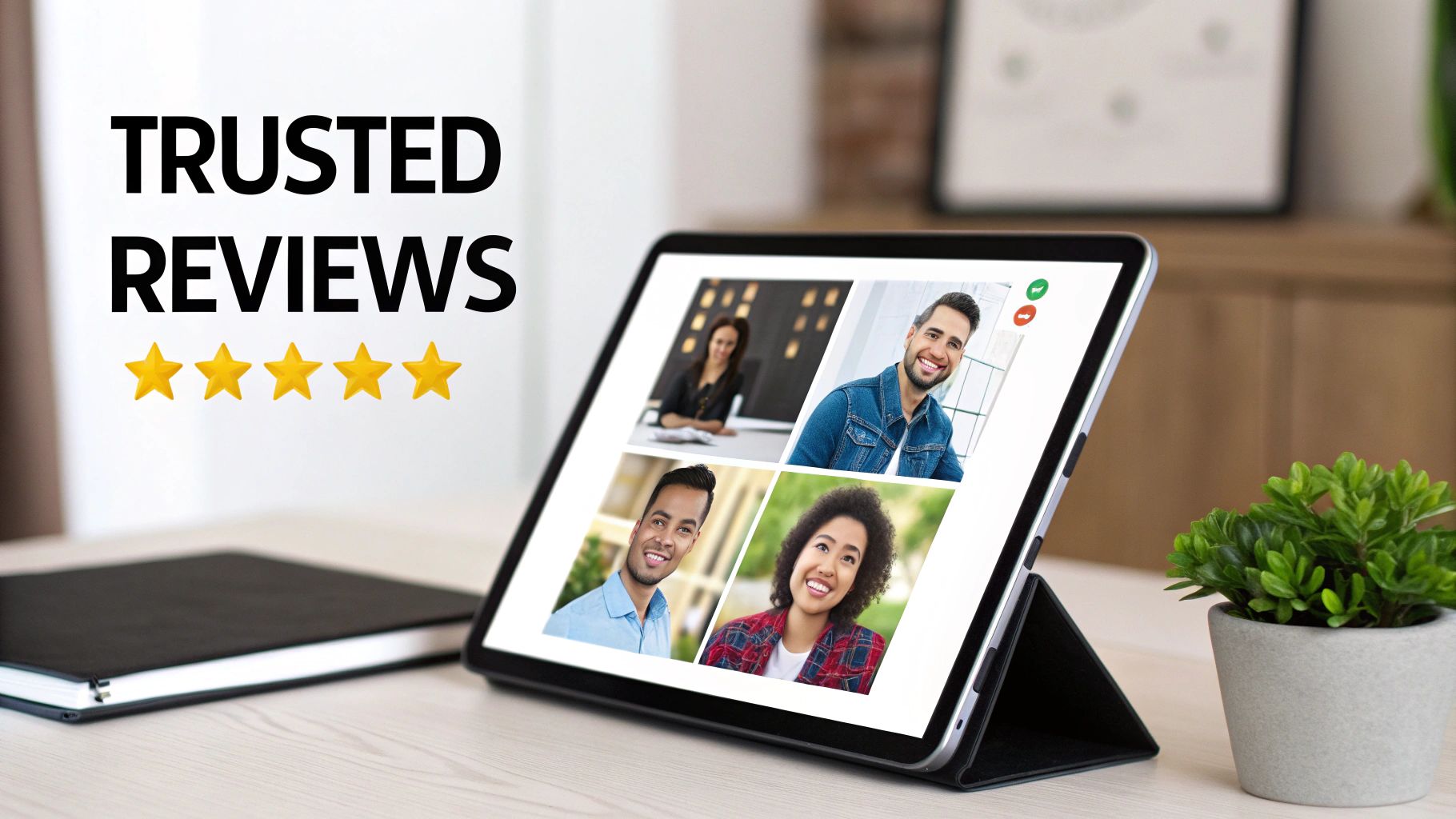 A tablet displays a video call with four smiling people, next to 'TRUSTED REVIEWS' and five golden stars.