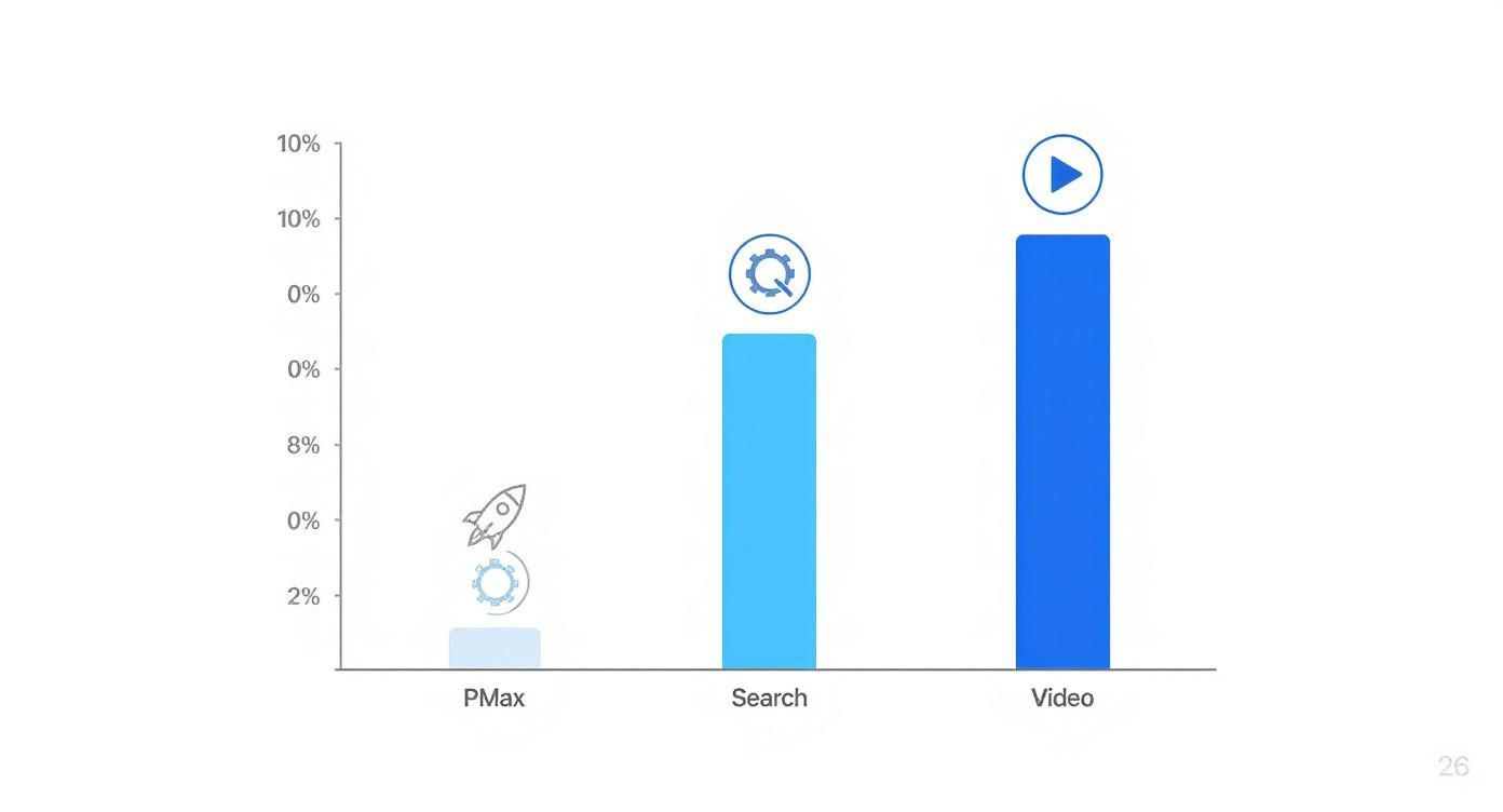 Bar chart comparing performance percentages for PMax, Search, and Video campaigns, with Video showing the highest.