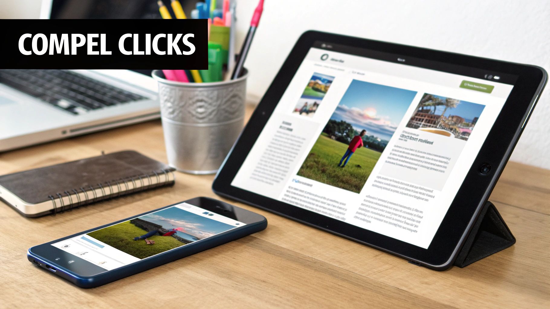 A digital workspace with a tablet and smartphone displaying web articles, beside a laptop and pens, with 'COMPEL CLICKS' text.