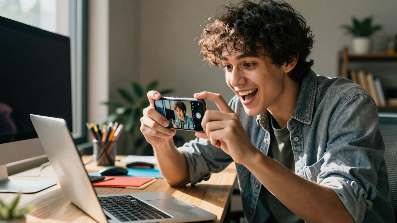 Aspiring UGC creator with smartphone in modern workspace.