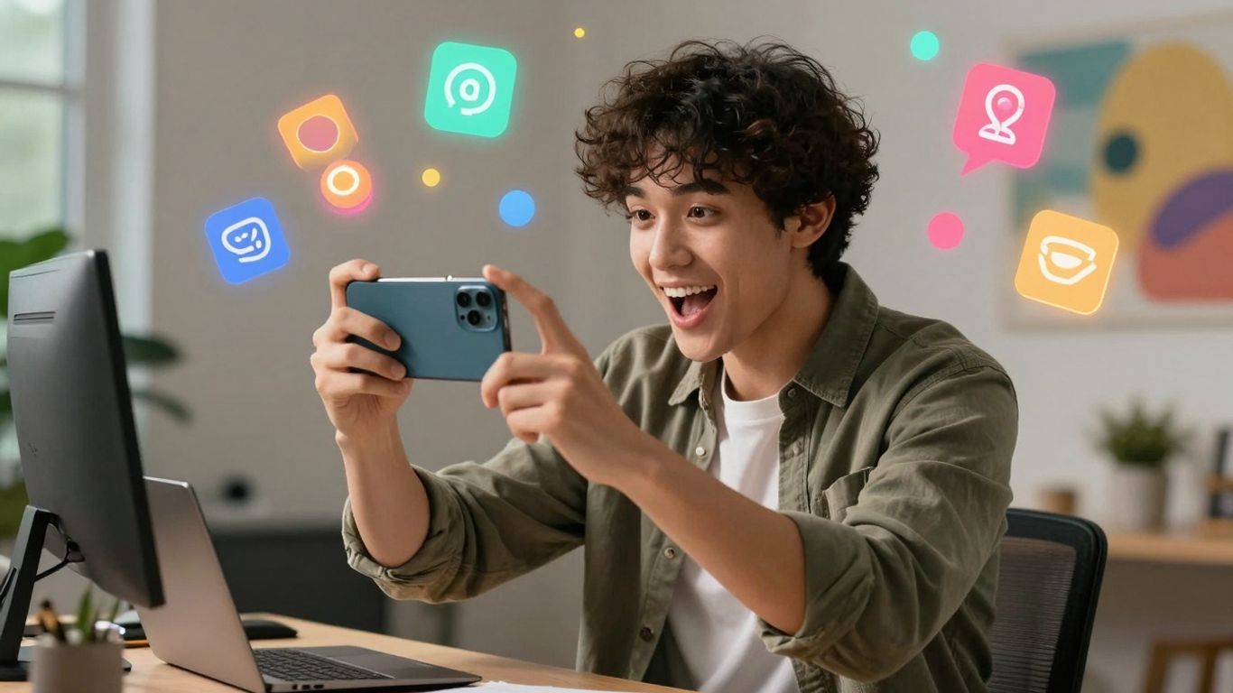 UGC creator filming with smartphone, digital elements.