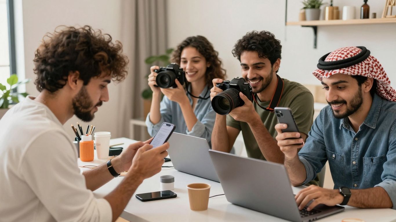 People creating content with phones and cameras.