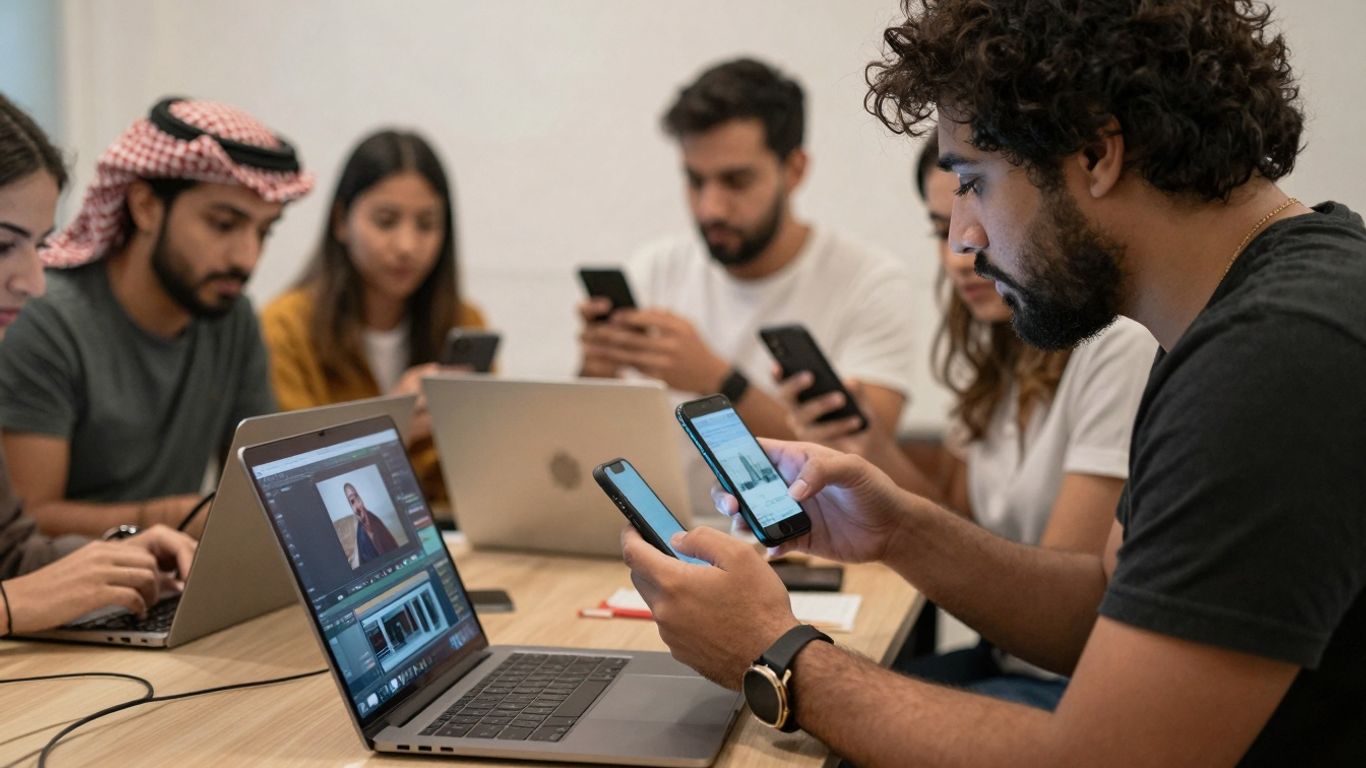 People creating and sharing content on devices.