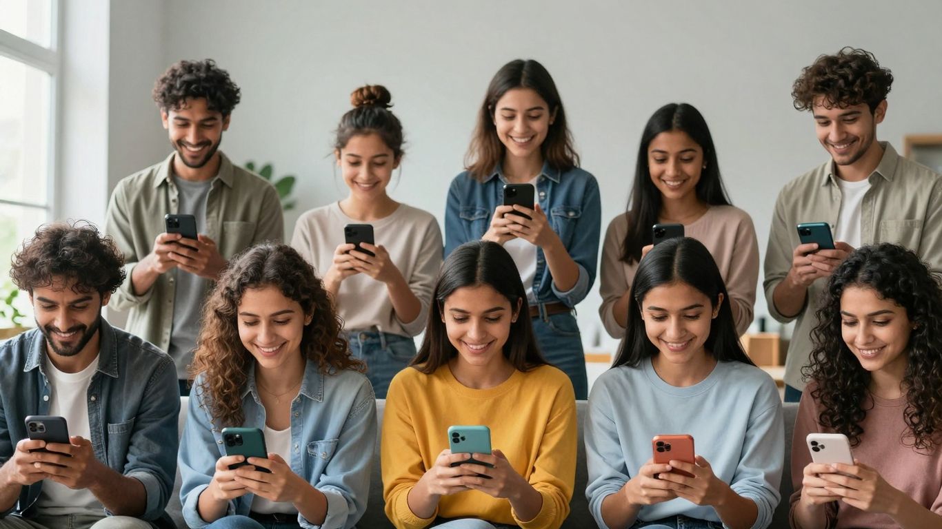 Diverse people using smartphones, authentic UGC ad concept.