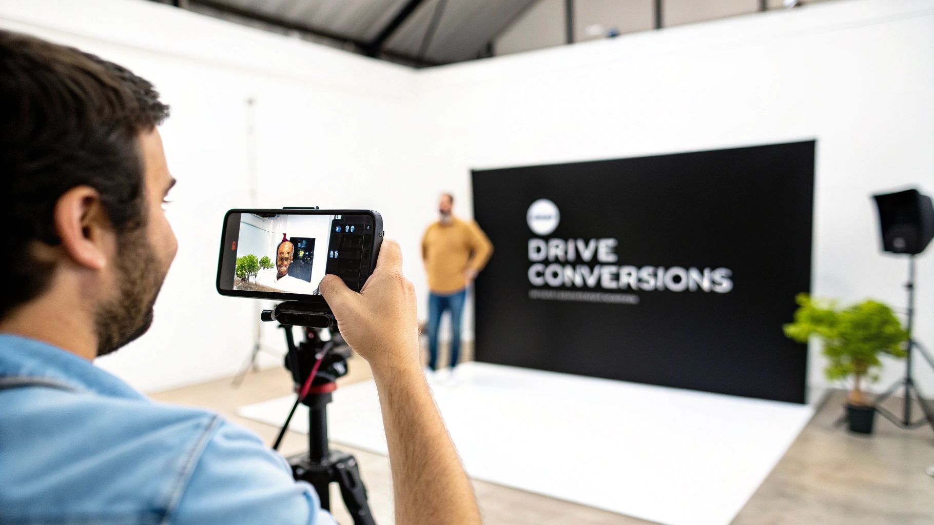Content creator filming a speaker in a studio with a 'Drive Conversions' sign for e-commerce advertising.