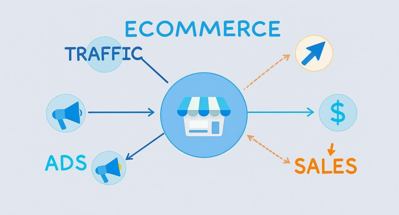 E-commerce business model showing traffic and ads generating sales and growth for an online shop.